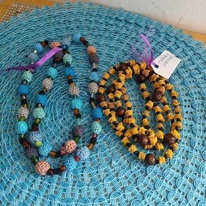 Crochet Bead Necklaces Blue Multi & Mustard Brown Handmade In Morocco